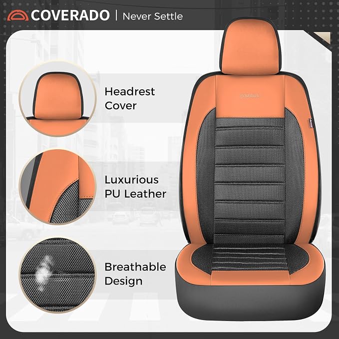 Coverado Car Seat Covers Front Seat, Luxury Leather Car Seat Protector, Automotive Front Mesh Seat Covers, Orange&Black Seat Cushion for SUV Sedan Truck