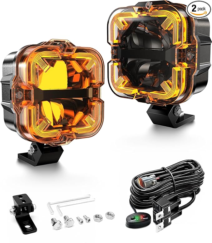 4 Inch LED Pods Off Road Lights, 90W 12000LM Amber Fog Lights with X DRL & Wiring Harness, IP67 Waterproof Spot Flood Combo for Trucks SUV ATV UTV - 2PCS