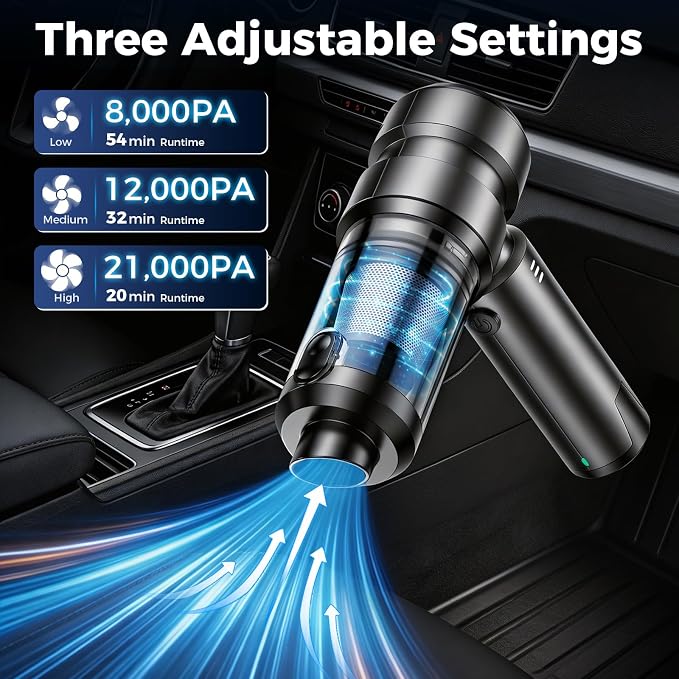 Handheld Cordless Car Vacuum Cleaner - 21000PA Brushless High Power & Multi-Nozzles Car Vacuum, 4-in-1 Portable Mini Air Duster for Car Home Office Pet