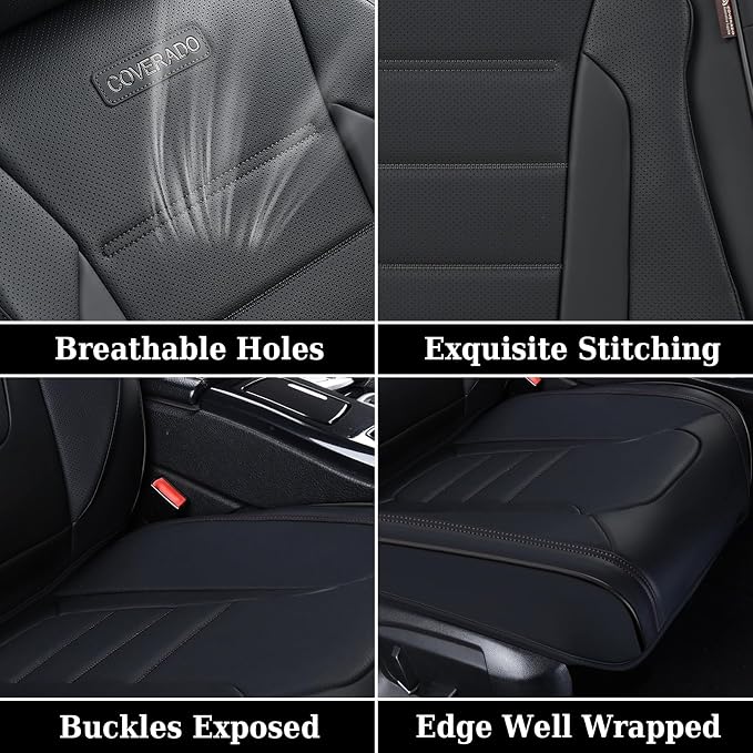 Coverado Seat Covers, Car Seat Covers Front Seats, Car Seat Protector Waterproof, Car Seat Cover, Car Seat Cushion Nappa Leather, Black Seat Covers for Cars Carseat Cover Universal Fit for Most Cars
