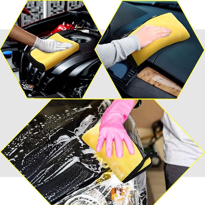 Tallew 12 Pcs Microfiber Towels for Cars, 800 GSM Plush Drying Cleaning Cloth Bulk, 16 x 16 Inch Thick Absorbent Wash Detailing Towels for Car Polishing, House, Kitchen Cleaning(Yellow and Gray)