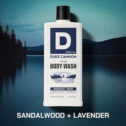 Duke Cannon Supply Co. Thick High Viscosity Body Wash - 3X Thicker, Plant-Based, Mineral-Enriched Body Wash for Men - Sandalwood and Lavender - Mens Body Scrub - Midnight Swim (18 oz) (Pack of 2)