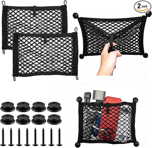 Universal 2 Pack Elastic Small Cargo Net Pocket Organizer Pouch Bag 14.3 x 9.5 inches RV Netting Storage Pocket with 8 Pieces Mounting Screws, Mesh Cargo Net for Car Trunk RV Storage