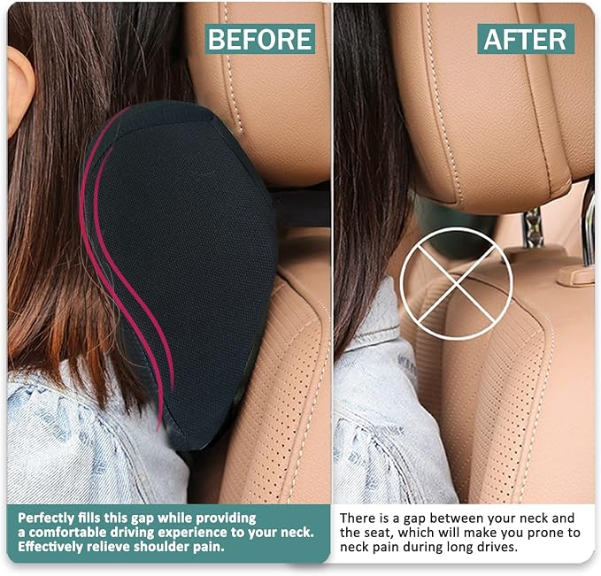 Super Fit Car Headrest Pillow, Car Pillow for Driving with Adjustable Strap, 100% Memory Foam Neck Pillow, Breathable Removable Cover & Ergonomic Design - Softness Travel Car Neck Pillow(Black, 1Pc)