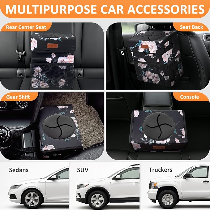 Vankor 3 Gallons Car Trash Can with Lid, Car Bag Bin Hanging Waterproof Automotive Garbage Cans Leak Proof Vehicle Trash Can Black Floral