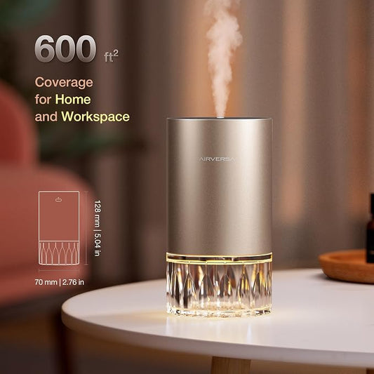 Airversa Waterless Essential Oil Diffuser for Home Room Desk Car Air Freshener Diffuser, Up to 600 sq ft, Battery Operated, Mist Level and Timer Settings, 100mL Capacity, Cold Air, RD1 Titanium