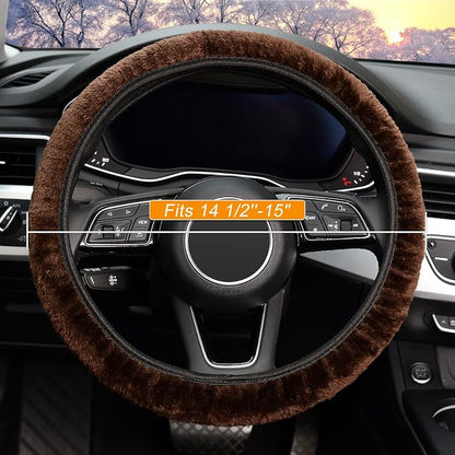 KAFEEK Elastic Long Microfiber Plush Steering Wheel Cover for Winter Warm, Universal 15 inch, Anti-Slip, Odorless, Brown