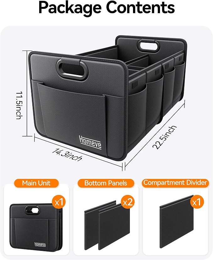 Homeve Car Trunk Organizer for SUV, 15.5Gal Large Capacity No-Sag Heavy Duty, Foldable Waterproof Anti-Slip Storage with 12 Pockets, Fit Sedan,Truck, Universal Car Accessories, Black, 2 Compart,Medium