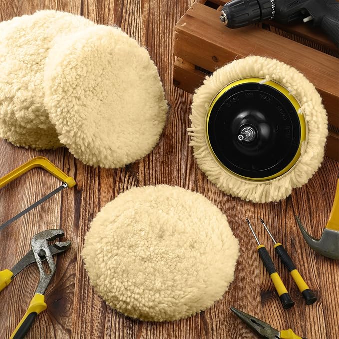 Tallew 8 Pcs 7 Inch Wool Buffing Polishing Pads Hook Loop Cutting Pads with Backing Plate for Car, Boat, Wood, Marble Surface Polishing & Scratch Removal (Original Color)
