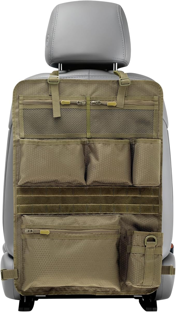 Backseat Car Organizer,Tactical Car Seat Back Organizer, Kick Mats Back Seat Protector with Three Zippered Storage pockets, Travel Accessories with 8 Storage Pockets And DIY zone (Sand Brown)