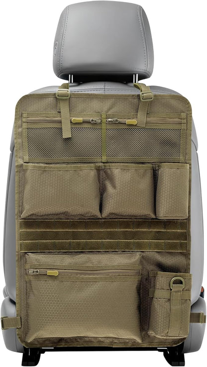 Backseat Car Organizer,Tactical Car Seat Back Organizer, Kick Mats Back Seat Protector with Three Zippered Storage pockets, Travel Accessories with 8 Storage Pockets And DIY zone (Sand Brown)