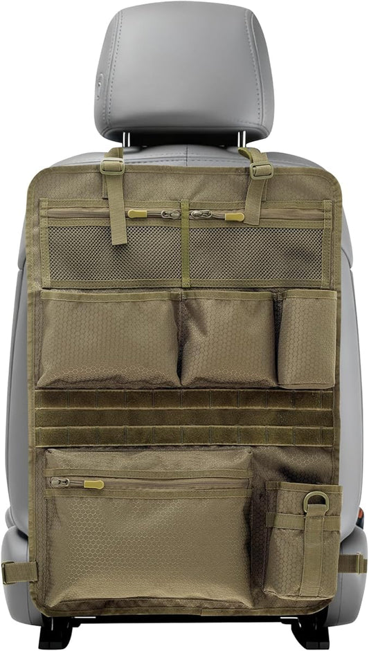 Backseat Car Organizer,Tactical Car Seat Back Organizer, Kick Mats Back Seat Protector with Three Zippered Storage pockets, Travel Accessories with 8 Storage Pockets And DIY zone (Sand Brown)