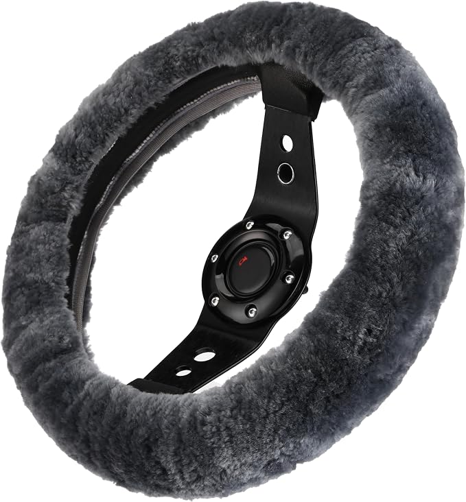 Andalus Brands Luxury Fluffy Car Steering Wheel Covers – Genuine Merino Sheepskin, Soft Fuzzy Car Steering Wheel Cover for Women, Universal 14.5-15" Size, Plush Fur Cute Auto Accessories, Carbon Black