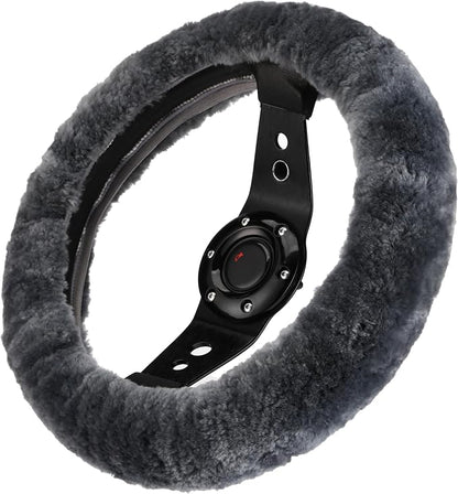 Andalus Brands Luxury Fluffy Car Steering Wheel Covers – Genuine Merino Sheepskin, Soft Fuzzy Car Steering Wheel Cover for Women, Universal 14.5-15" Size, Plush Fur Cute Auto Accessories, Carbon Black
