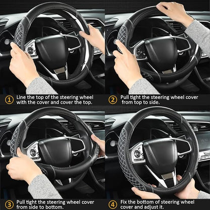 West Llama Customized Auto Car Steering Wheel Cover for Chevy Silverado,Tahoe,Equinox,Traverse,Trailblazer,Colorado(Diamond Quilted-Black+Gray-Standard Size)