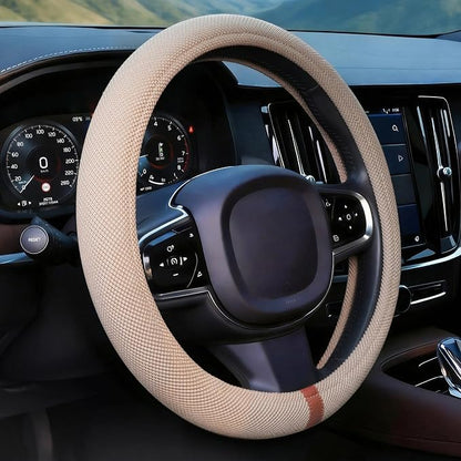 Universal Car Steering Wheel Cover for Summer, Non-Slip Breathable Cooling Steering Wheel Cover Protector with Brown Mark Upgraded Silicone Inner Ring for Summer D Shape & Round Shape, Khaki
