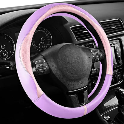 PIC AUTO Steering Wheel Cover, Pink Patterned & Light Purple Leather Patchwork Design, Universal Fit 14.5"–15.5", Anti-Slip, Soft PU Grain Leather, Durable Grip Car Accessory for Girls & Women