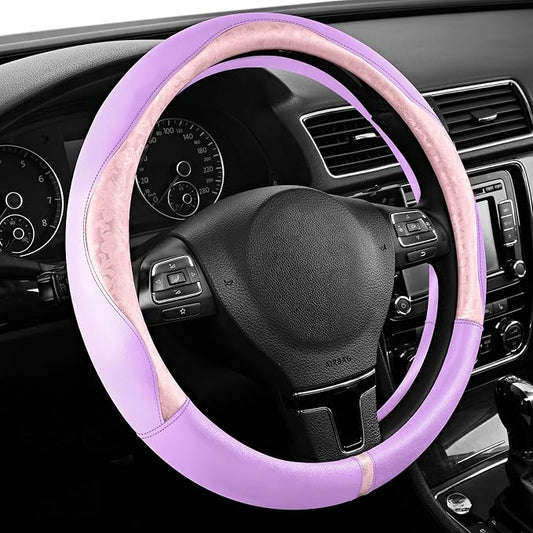 PIC AUTO Steering Wheel Cover, Pink Patterned & Light Purple Leather Patchwork Design, Universal Fit 14.5"–15.5", Anti-Slip, Soft PU Grain Leather, Durable Grip Car Accessory for Girls & Women