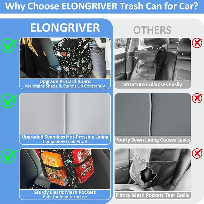 ELONGRIVER Car Trash Can Bin for Back Seat Leak Proof, Cute Car Trash Bag Hanging, Vehicle Trash Can for SUV Truck Van, Automotive Garbage Cans Front Seat Colorful Floral, 2 Gallons