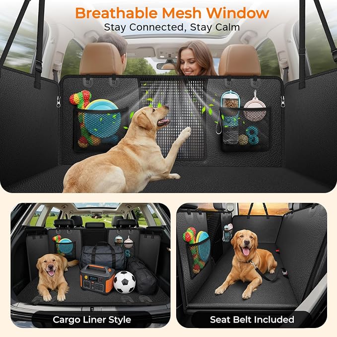 URPOWER Upgraded PU Leather Back Seat Extender for Dogs - Large Hard Bottom Dog Car Seat Cover Holds 550lbs, Waterproof Dog Hammock Pet Bed with High-Density Foam Non-Slip Backseat Protector