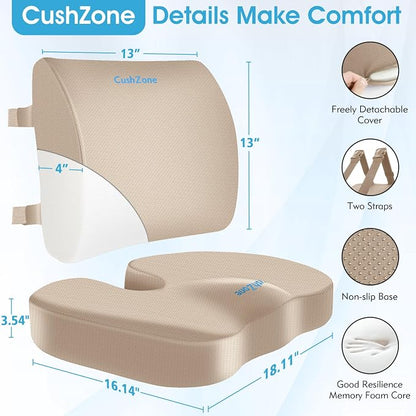 CushZone Ergonomic Seat Cushion & Lumbar Support Pillow - Memory Foam for Sciatica Pain Relief & Posture Correction, Non-Slip Chair Cushions for Office Chair/Car/Wheelchair/Travel, Khaki X-Large
