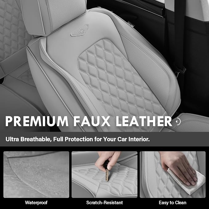 Coverado Full Set Car Seat Covers, Luxury Faux Leather Waterproof Seat Covers, Gray Car Seat Protectors, Universal Fit, Leather Seat Cushions for Cars-Gray