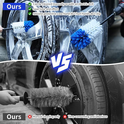 Wheel Brush, Soft Drill Wheel Cleaner Brush, Drill Brush for Car Wheel, No Scratches Highly Dense and Durable Car Wheel Brush Rim Tire Car Cleaning Brush for Wheels, Rims, Engines, Exhaust