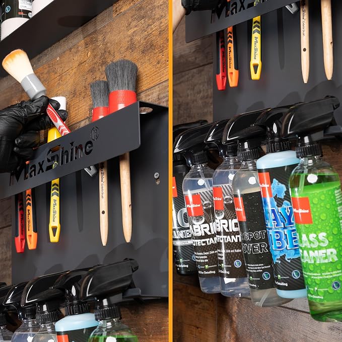 Maxshine Universal Brush & Trigger Bottle Holder – Wall-Mount Organizer Holds 10 Brushes & 6 Spray Bottles – Black Powder-Coated Metal Rack for Garage, Auto Detailing Shop & Car Care Storage