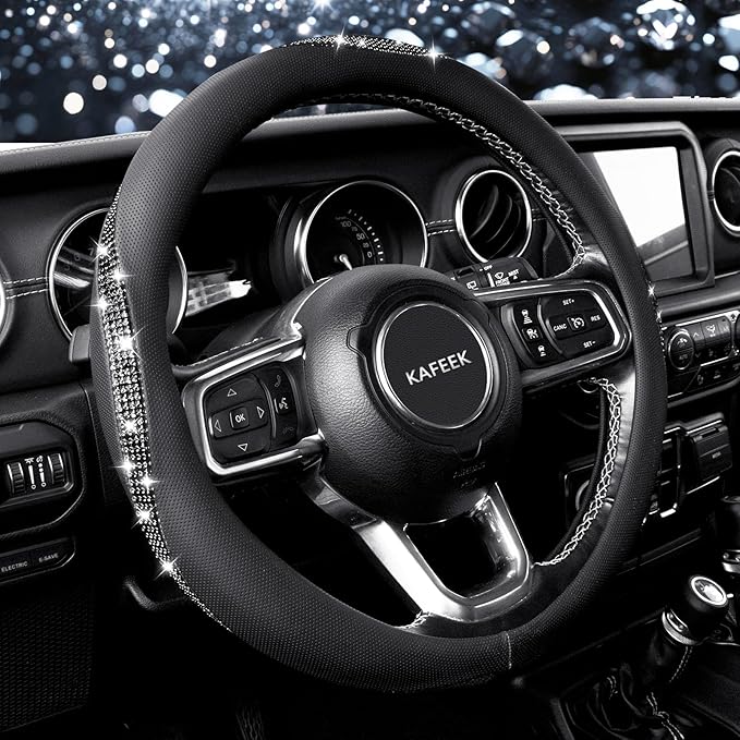 KAFEEK Sparkly Diamond Steering Wheel Cover, Bling Rhinestone Breathable Leather Car Protector, Universal 15 Inch Fit for Women Girls, Anti-Slip Comfortable, Black