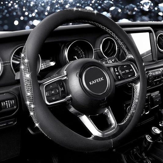 KAFEEK Sparkly Diamond Steering Wheel Cover, Bling Rhinestone Breathable Leather Car Protector, Universal 15 Inch Fit for Women Girls, Anti-Slip Comfortable, Black