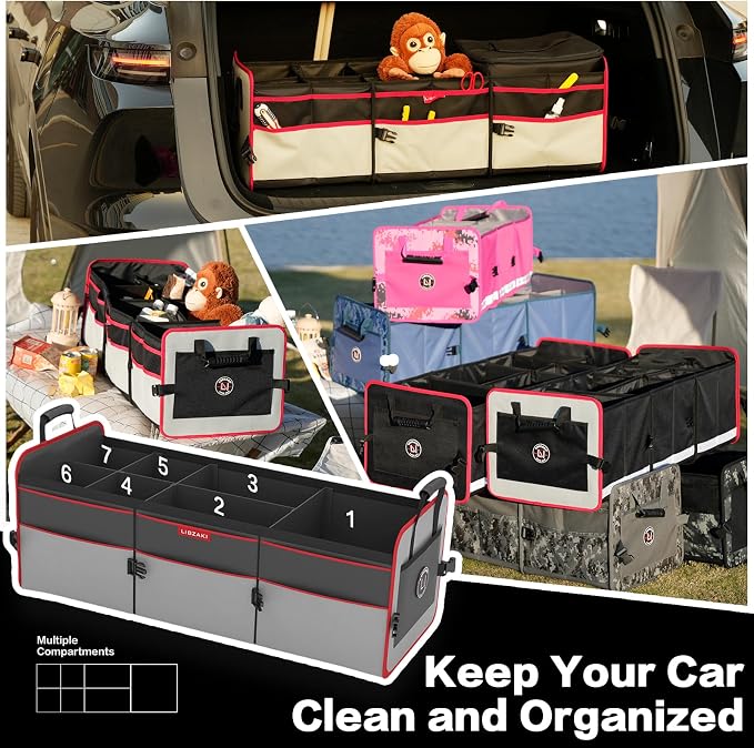 LIBZAKI Car Trunk Organizer,3 Compartments Big Trunk Storage, Large Capacity, Foldable, 95L Heavy Duty Storage Box for Car, SUV, Truck,Jeep, Includes 26L Cooler Bag-Gray&Black