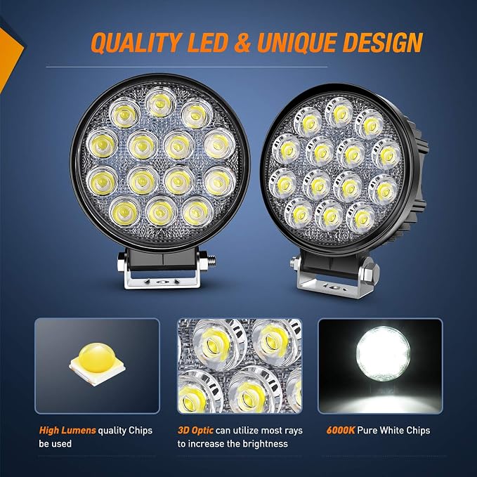 Nilight LED Pods 2Pcs 4.5Inch 42W 4200LM Round Flood Light Off Road Fog Lights Driving Roof LED Light Bar Work Light for ATV UTV SUV Truck Boat (15017C-B)