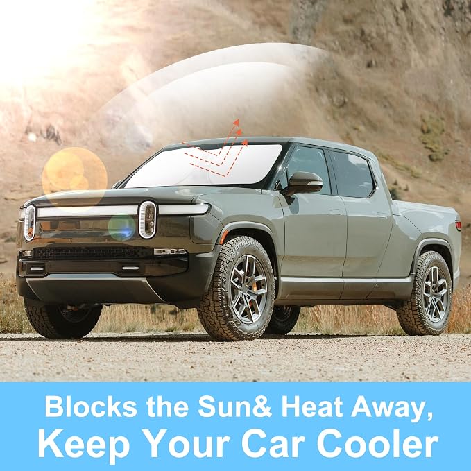 TINGLU Sun Shade for Rivian R1T 2022-2025 2026 Accessories Windshield Sun Shade Window Shade UV Rays Protection Sun Visor Cover with Steering Wheel Sunshade Storage Bag