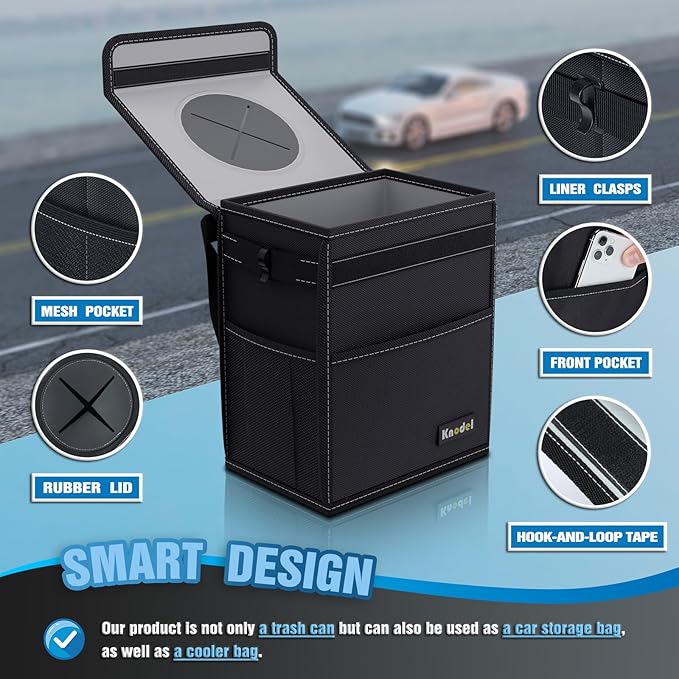 K KNODEL Car Trash Can, Waterproof Garbage Can, Trash Bag with Lid, Leak-Proof Car Bin, Trash Hanging Bag for SUV (Large, Black)