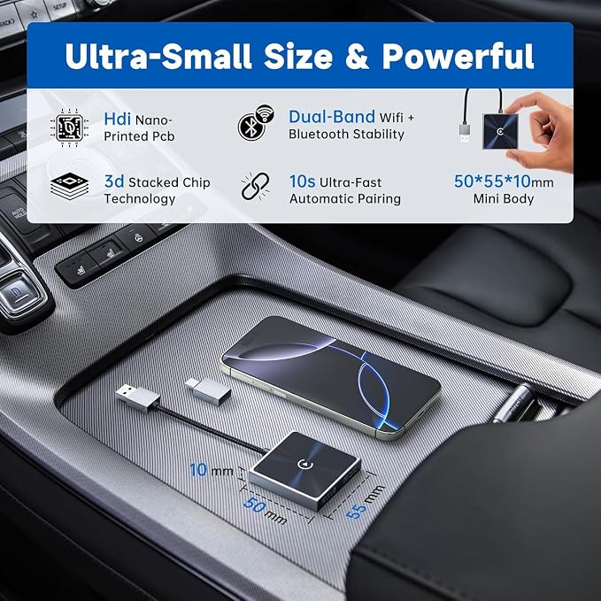 Wireless CarPlay Adapter for iPhone, Converts Wired to Wireless Apple CarPlay Adapter, Includes USB-A to USB-C Dongle, Easy Use, Stable Control, No Delay, Compatible with Cars from 2016 & iOS 10+
