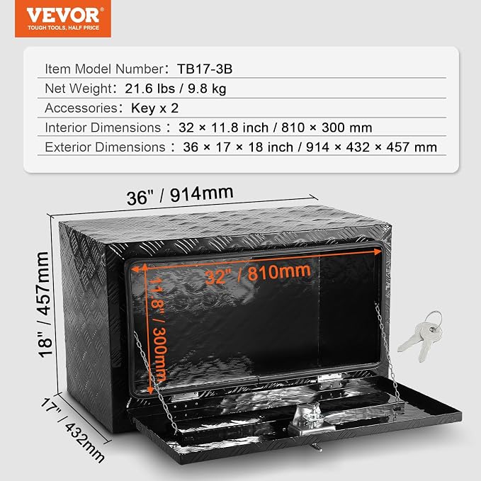 VEVOR Underbody Truck Box, 36"×17"×18" Pickup Storage Box, Heavy Duty Aluminum Diamond Plate Tool Box with Lock and Keys, Waterproof Trailer Storage Box with T-Handle Latch for Truck, Van, Trailer