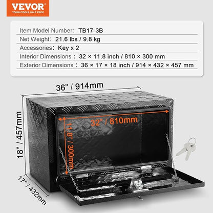 VEVOR Underbody Truck Box, 36"×17"×18" Pickup Storage Box, Heavy Duty Aluminum Diamond Plate Tool Box with Lock and Keys, Waterproof Trailer Storage Box with T-Handle Latch for Truck, Van, Trailer