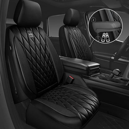 CAR PASS Piping Luxury Faux PU Leather Two Front Car Seat Covers, Waterproof Anti Slip Seat Covers Compatible with Front Seat Armrests,Universal Fit for Suvs,Vans,Trucks, Airbag Compatible(All Black)
