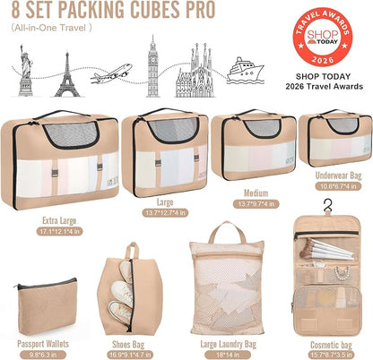 Veken 8 Set Packing Cubes for Travel Essentials,Anti-Wrinkle Buckled Suitcase Organizer for Shoe & Toiletry Bag,Carry On Luggage Bag with 99+ Count Mesh Holes for Airplane & College Dorm Accessories