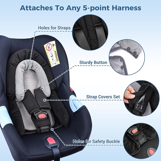 COOLBEBE Upgraded 3-in-1 Baby Body Support & Strap Covers Set for Newborn Infant - Extra Soft Car Seat Insert Cushion Pad, Perfect for Car Seats, Strollers, Swing, Black