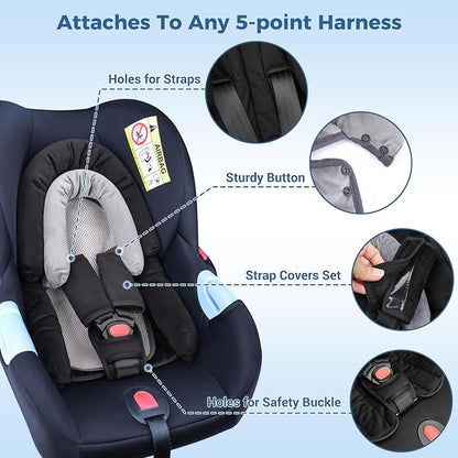 COOLBEBE Upgraded 3-in-1 Baby Body Support & Strap Covers Set for Newborn Infant - Extra Soft Car Seat Insert Cushion Pad, Perfect for Car Seats, Strollers, Swing, Black