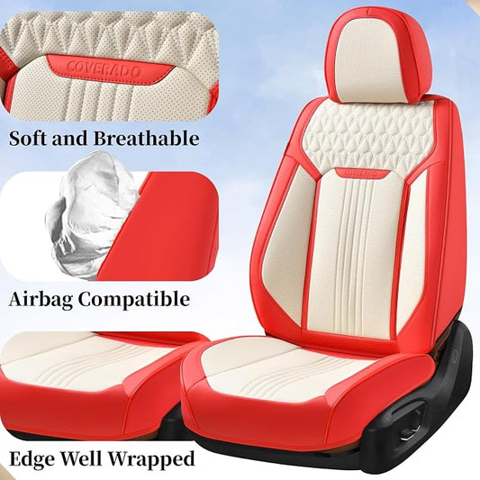 Coverado Seat Covers Full Set, Leather Car Seat Cover, Waterproof Car Seat Protector, Automotive Seat Covers Car Seat Cushion Universal Fit for Most Cars, Red&White