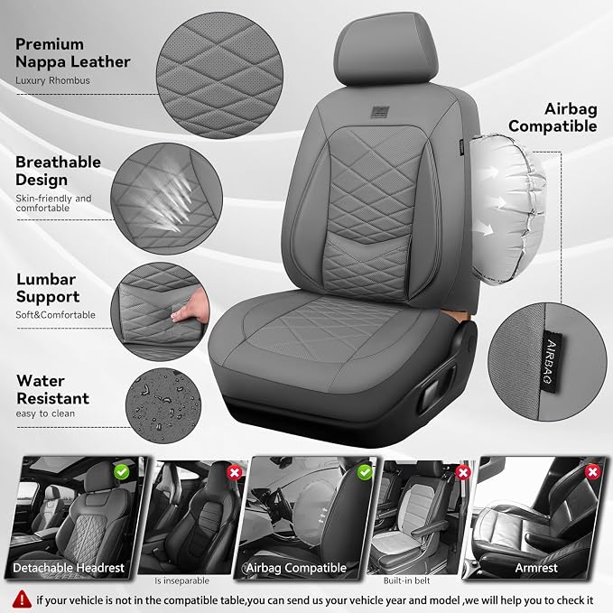 CAR PASS Luxury Nappa Leather Seat Covers Full Set, Water Resistant Faux Leather Seat Cover with Lumbar Support, Breathable Automotive Seat Covers Universal Fit for Sedan SUV Van Truck, Pure Gray