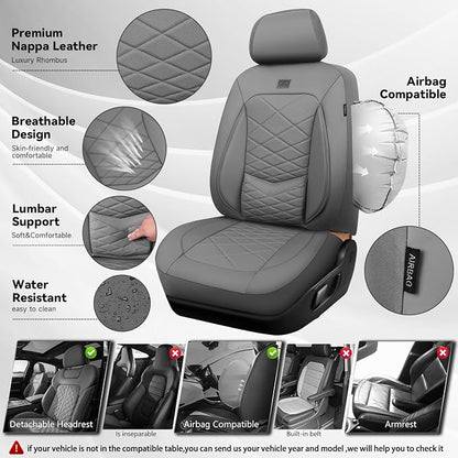 CAR PASS Luxury Nappa Leather Seat Covers Full Set, Water Resistant Faux Leather Seat Cover with Lumbar Support, Breathable Automotive Seat Covers Universal Fit for Sedan SUV Van Truck, Pure Gray
