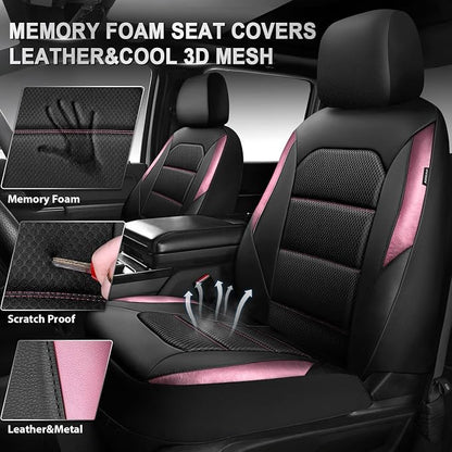 CAR PASS Memory 3D Foam Car Seat Covers Full Set, Breathable Mesh Thick Seat Covers for Car, Pink Metal Film Leather Seat Covers, Universal Automotive Comfort for SUVs Trucks, Black Pink