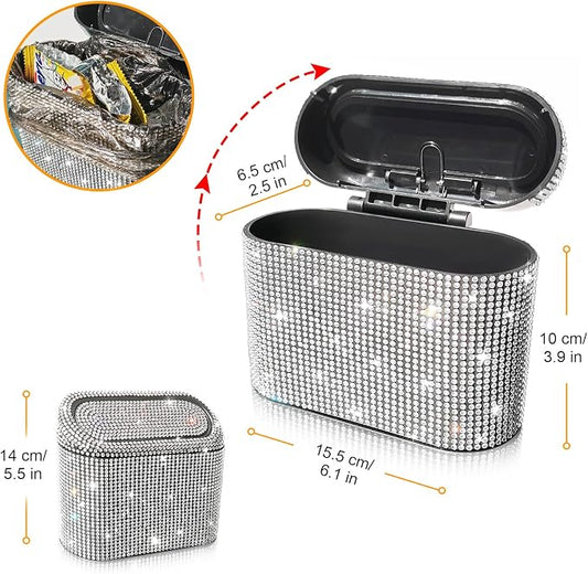 Accmor Bling Car Trash Can with 30pcs Garbage Bags, Vehicle Trash Bin with Lid Auto Dustbin Organizer Garbage Storage, Sparkling Crystal Mini Trash Container Holder