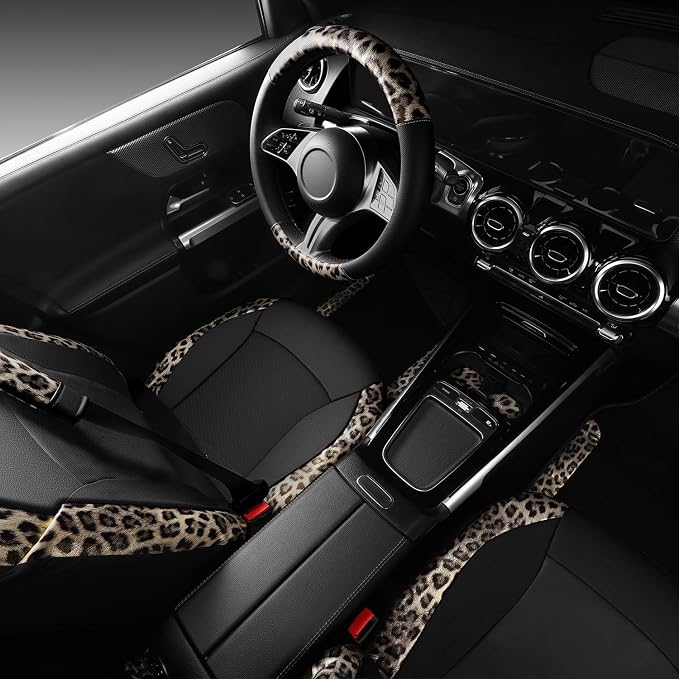 CAR PASS Leopard Print Faux Leather Car Seat Covers & Leopard Car Mats&Leopard Steering Wheel Cover Seat Belt Universal Car Accessories for SUV,Van,Saden,Truck Automobile Interior Sets(Gold Black)
