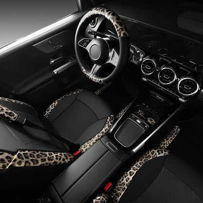 CAR PASS Leopard Print Faux Leather Car Seat Covers & Leopard Car Mats&Leopard Steering Wheel Cover Seat Belt Universal Car Accessories for SUV,Van,Saden,Truck Automobile Interior Sets(Gold Black)