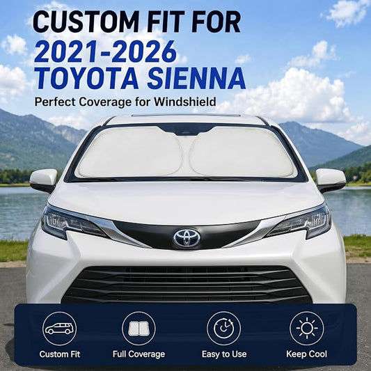 Windshield Sun Shade for Toyota Sienna Accessories 2021-2024 2025 2026 - Foldable Windshield Sunshade Cover Front Window Shade Custom Fit Sienna Sun Visor Protector Blocks UV Rays