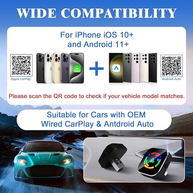 Wireless CarPlay Adapter, 2026 Upgraded Wired to Wireless for Apple CarPlay & Android Auto, Mini USB Design Car Play Adapter with Type-C Extension, Plug and Play, Stable Connection & No Latency